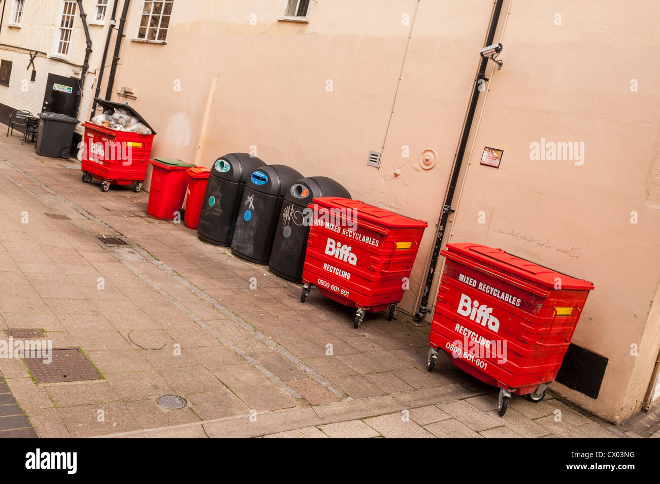 Eine Auswahl von recycling und Mülltonnen im Vereinigten Königreich Stockfoto