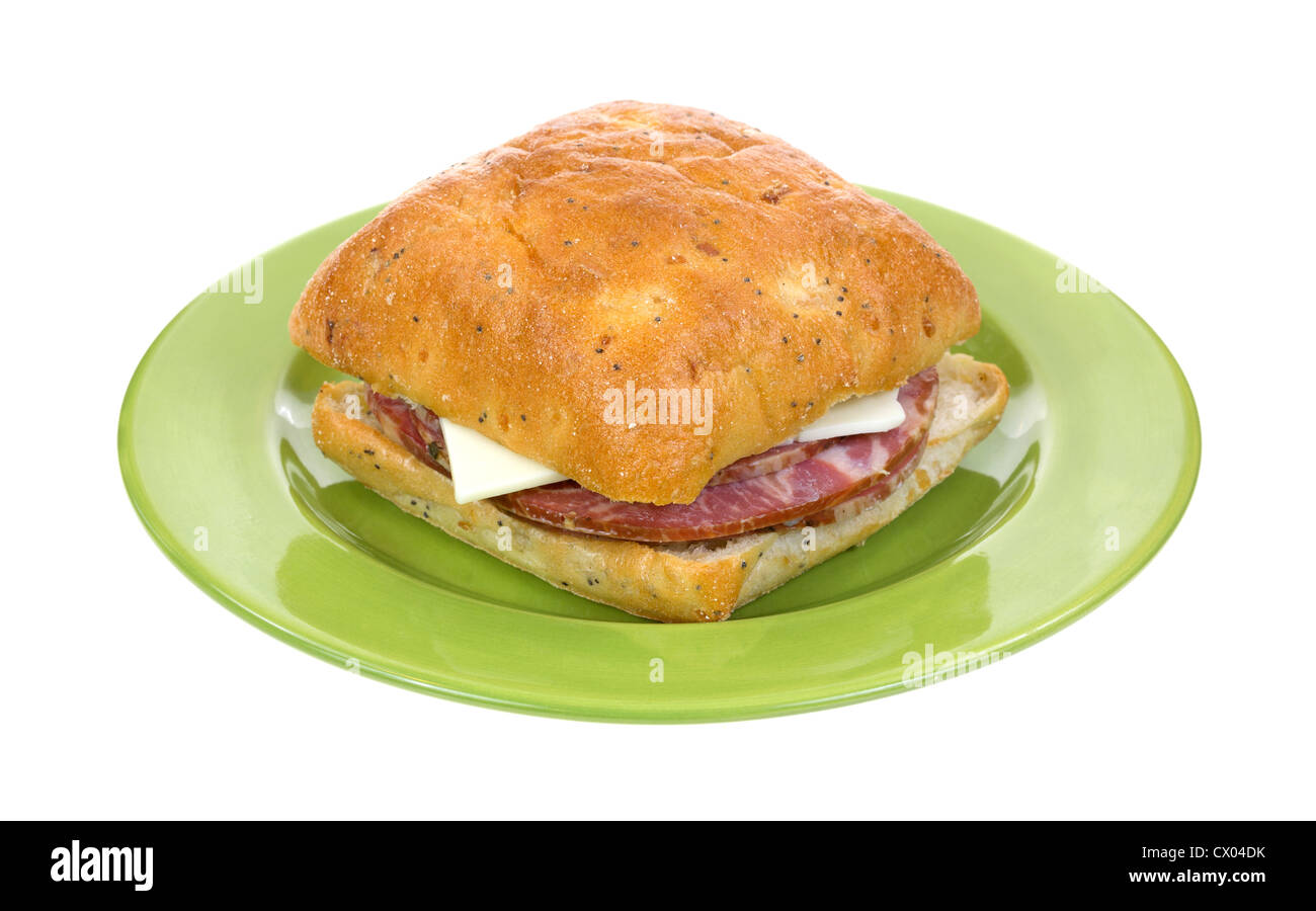 Eine frisch zubereitete Capicolla und Käse-Sandwich mit Mohn Samen und Zwiebeln quadratische Brot auf eine grüne Platte. Stockfoto