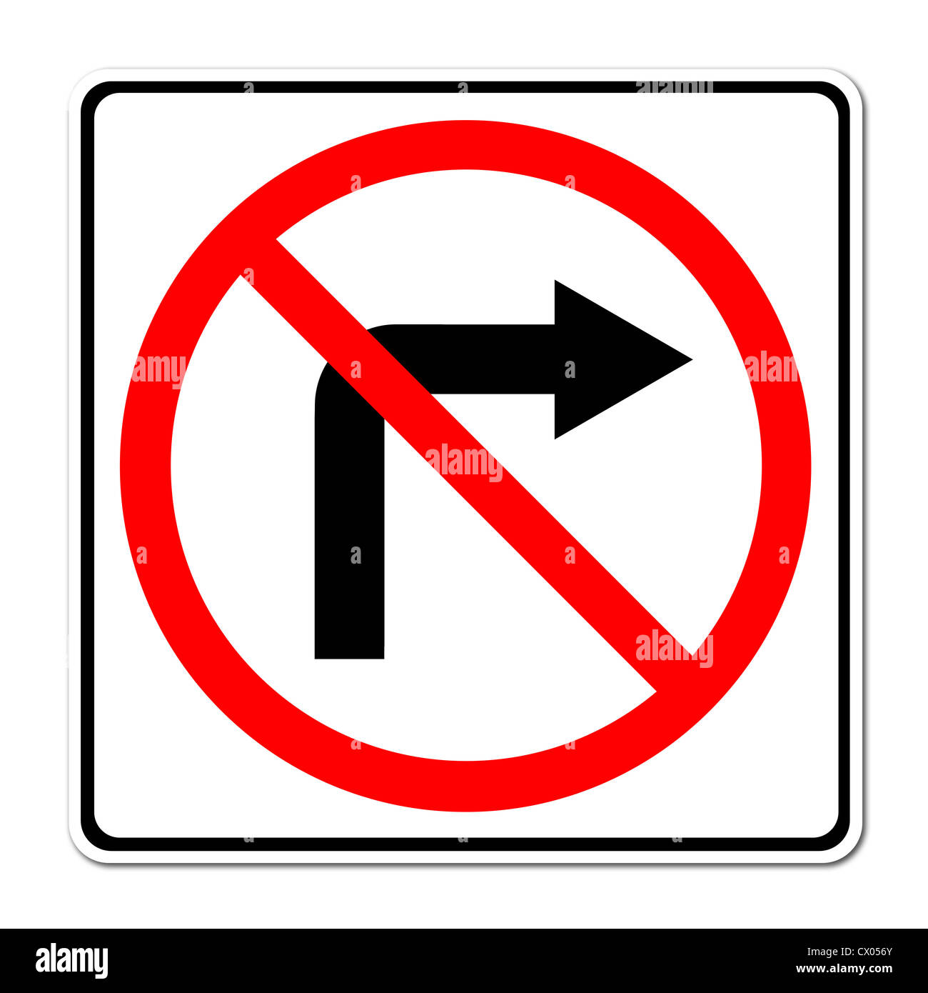 Straßenschild nicht biegen Sie rechts auf weißen Hintergrund Stockfoto