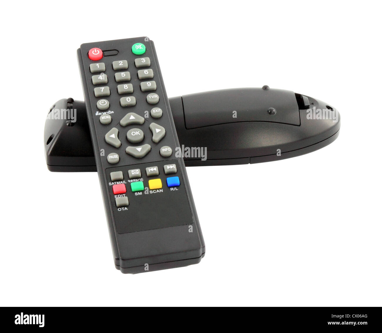 TV-Fernbedienung auf weißem Hintergrund Stockfoto