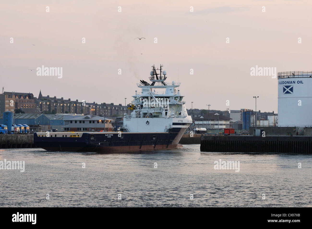 Das Multi Zweck Offshore-Schiff, Insel Champion, Liegeplätze im Hafen von Aberdeen im Jahr 2012 verschieben Stockfoto