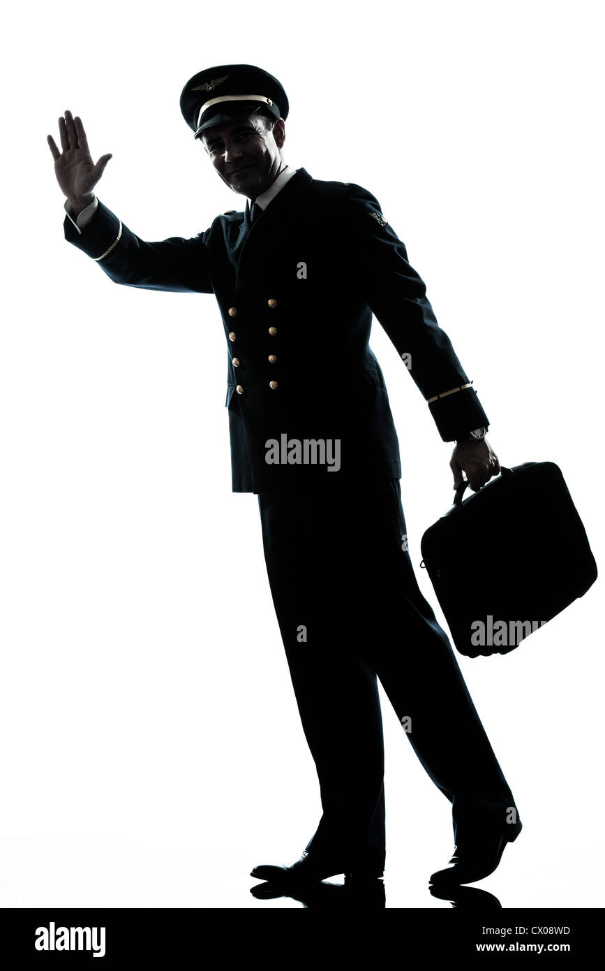 ein kaukasischer Mann in Airline-Piloten uniform im Studio isoliert auf weißem Hintergrund Stockfoto