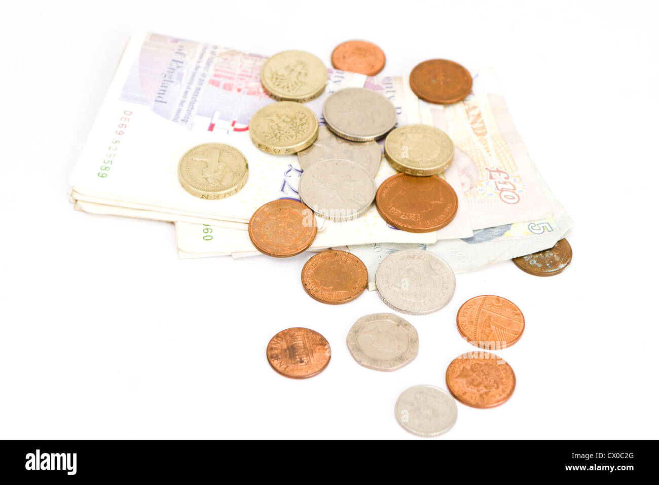 Britische Pfund-Münzen und Banknoten Stockfoto