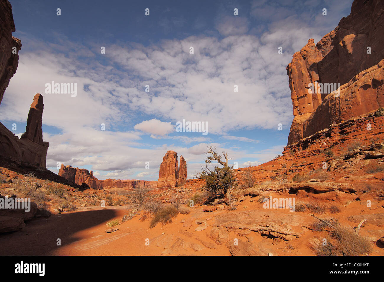 Sandstein-Denkmäler entlang der Park Avenue im Arches National Park in der Nähe von Moab, Utah Stockfoto