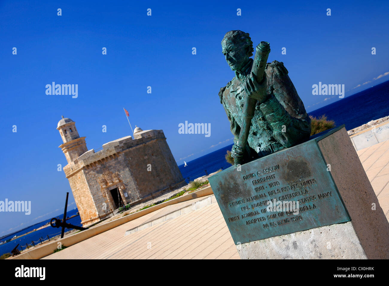 David Glasgow Statue, Burg des Heiligen Nikolaus, Admiral Farragut Park, Ciutadella Stadt, Insel Menorca, Balearen, Spanien Stockfoto
