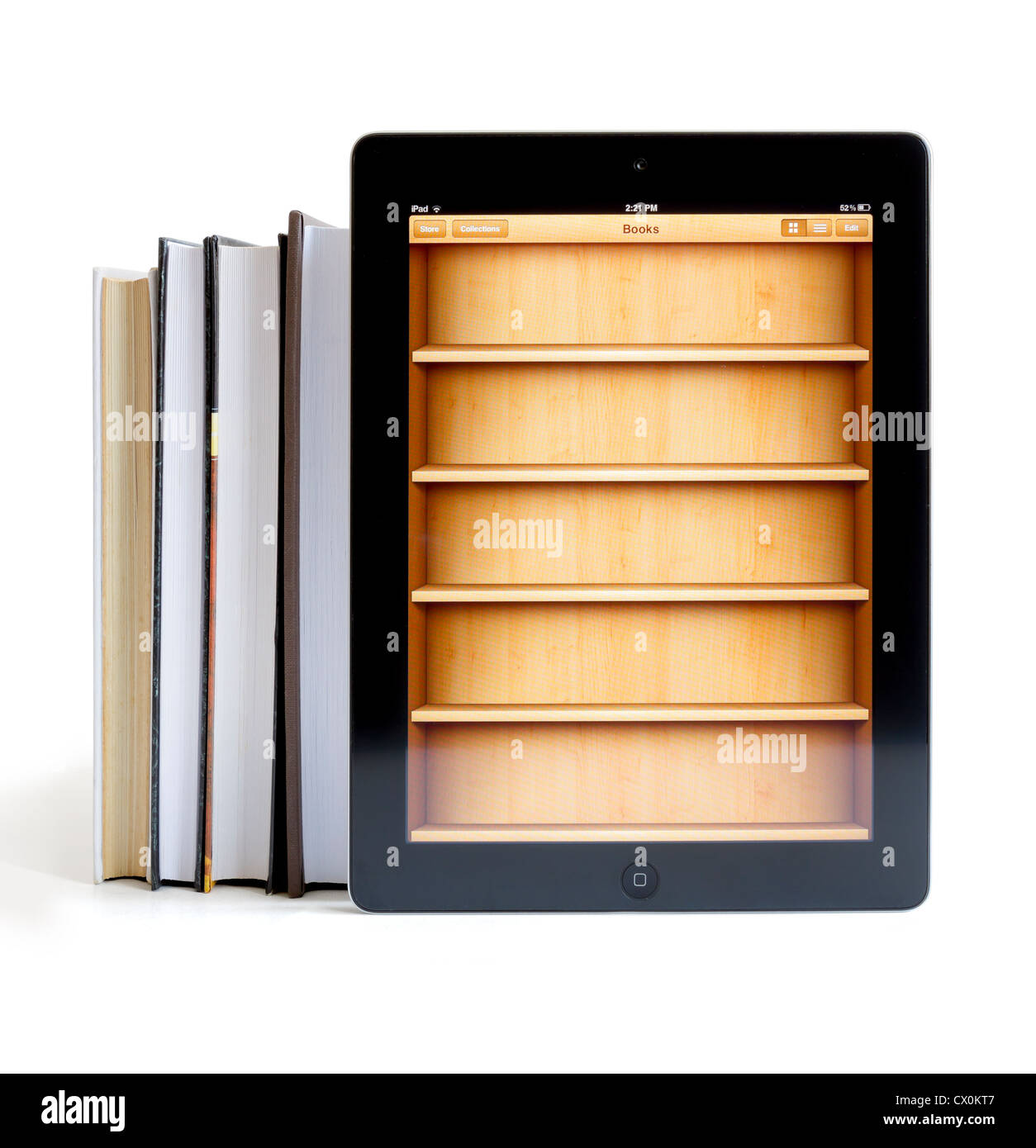 IPad 3 mit Books-Anwendung auf Bücher auf weißem Hintergrund Stockfoto