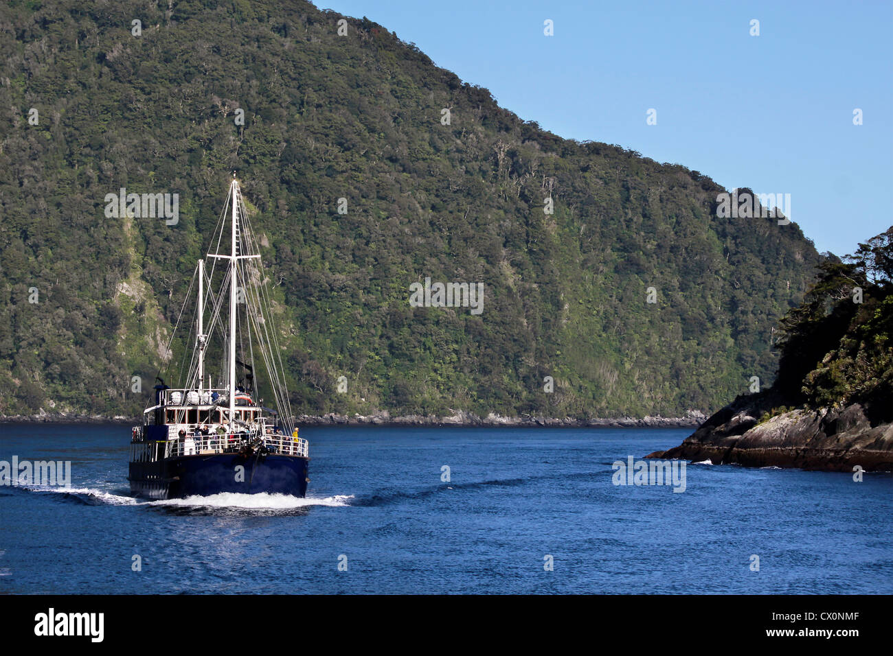 Boot in der Milford Sound, Southland, Südinsel, Neuseeland Stockfoto