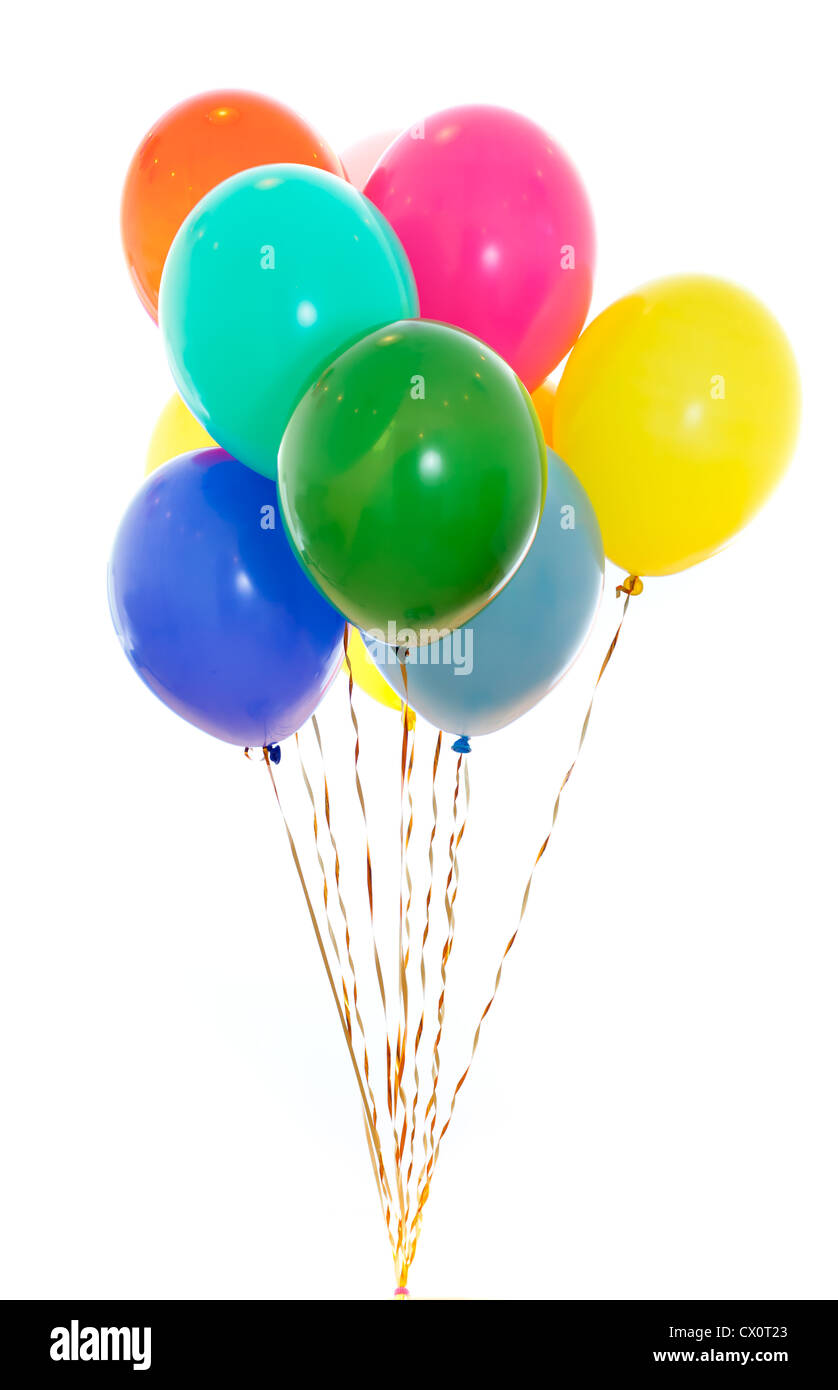 bunte Luftballons Haufen gefüllt mit Helium isoliert auf weiss Stockfoto