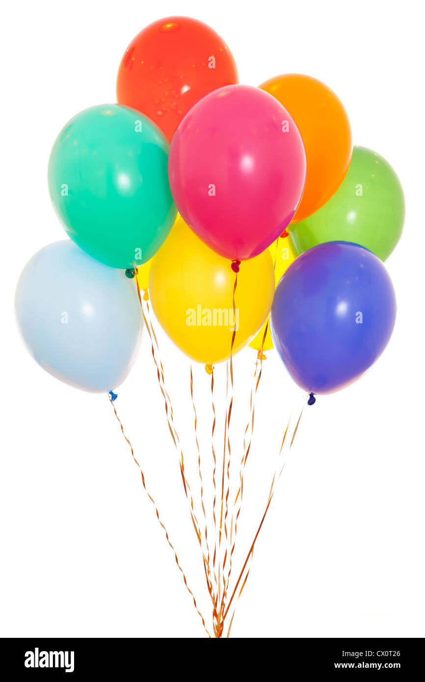 bunte Luftballons Haufen gefüllt mit Helium isoliert auf weiss Stockfoto