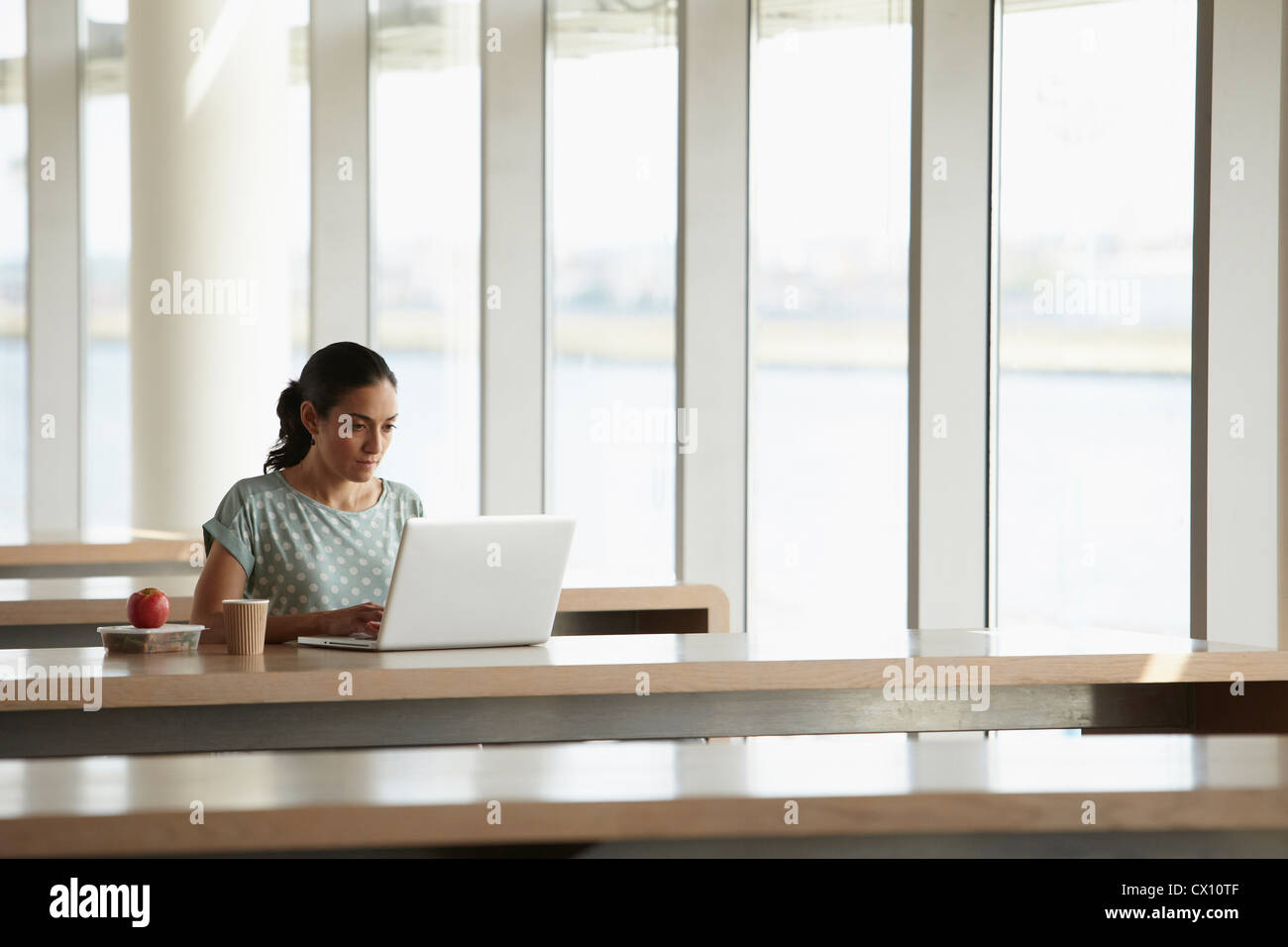 Frau mit Laptop mit Lunchpaket auf Schreibtisch Stockfoto
