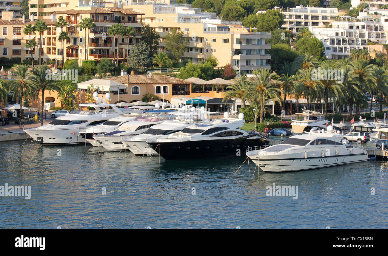 Puerto Portals Marina am späten Nachmittag - Luxus Superyachten + Restaurants + Boutiquen - Calvia, South West Mallorca / Mallorca, Stockfoto