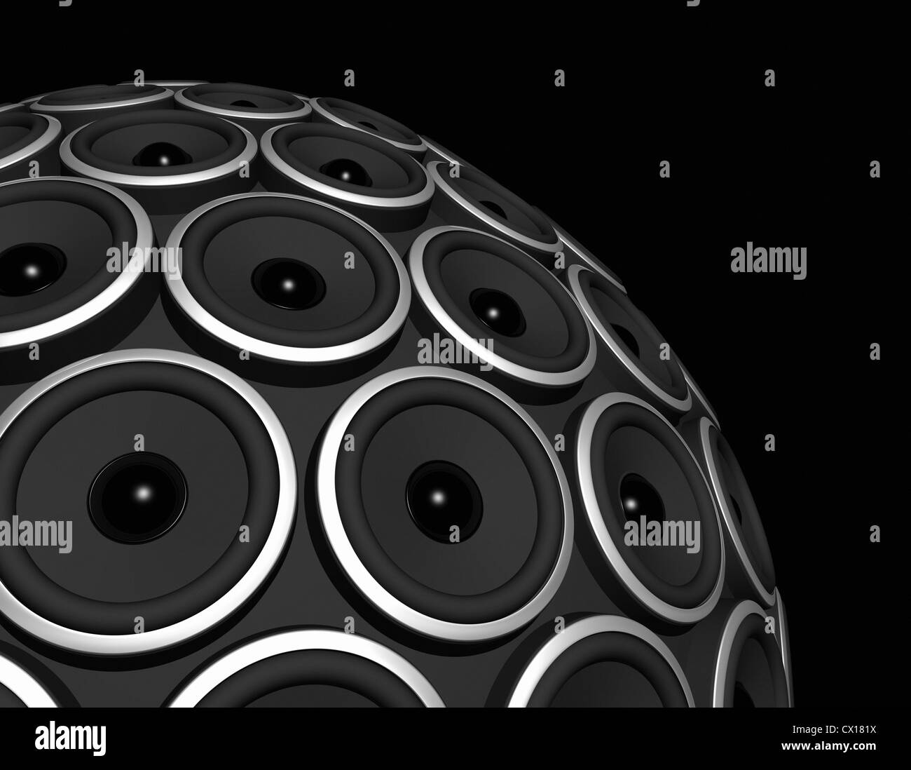 drei dimensionale Lautsprecher Kugel isoliert auf schwarz Stockfoto