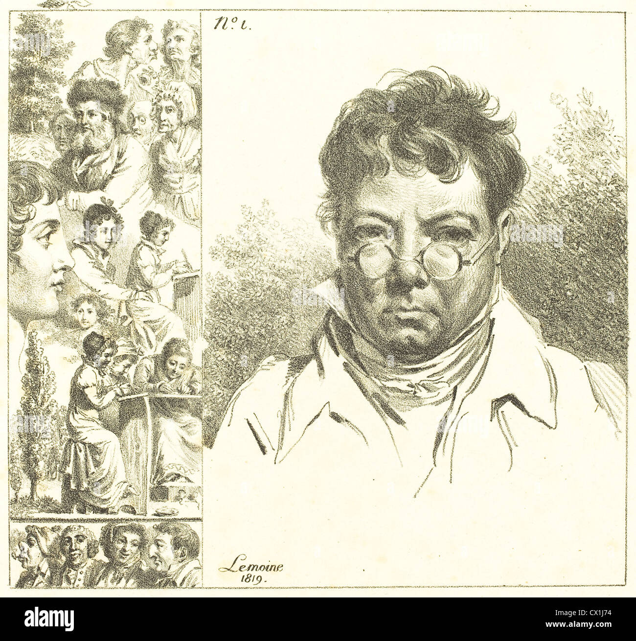 Jacques Antoine Marie Lemoine (Französisch, 1751-1824), Selbstporträt und andere Köpfe, Lithographie 1819, Stockfoto