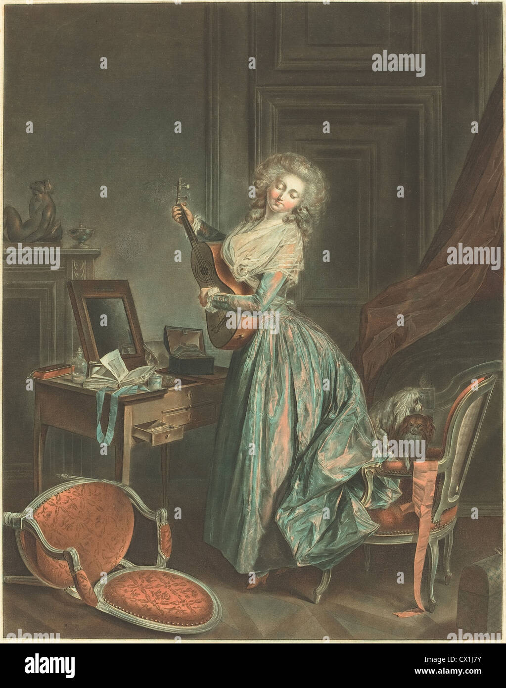 Jean-Francois Janinet nach Nicolas Lavreince (Französisch, 1752-1814), eine Frau spielt Gitarre, 1788/1789 Stockfoto