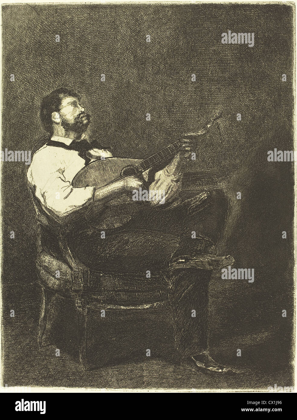 François Bonvin (Französisch, 1817-1887), Gitarrist (Joueur de Guitare), 1861, Radierung auf Bütten Stockfoto