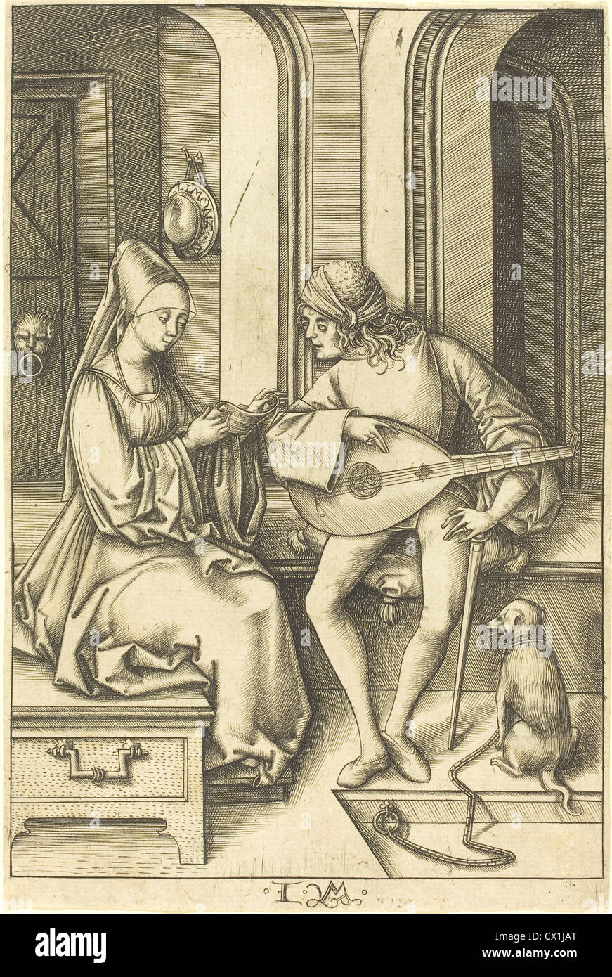 Israhel van Meckenem (Deutsch, ca. 1445-1503), der Lautenist und Sänger, c. 1495/1503, Gravur Stockfoto