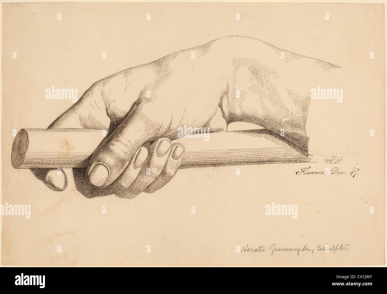 Horatio Greenough, Rechte Hand hält kurze Rute, amerikanisch, 1805-1852, 1847, Stift und Bister über Graphit auf einfaches Papier Stockfoto