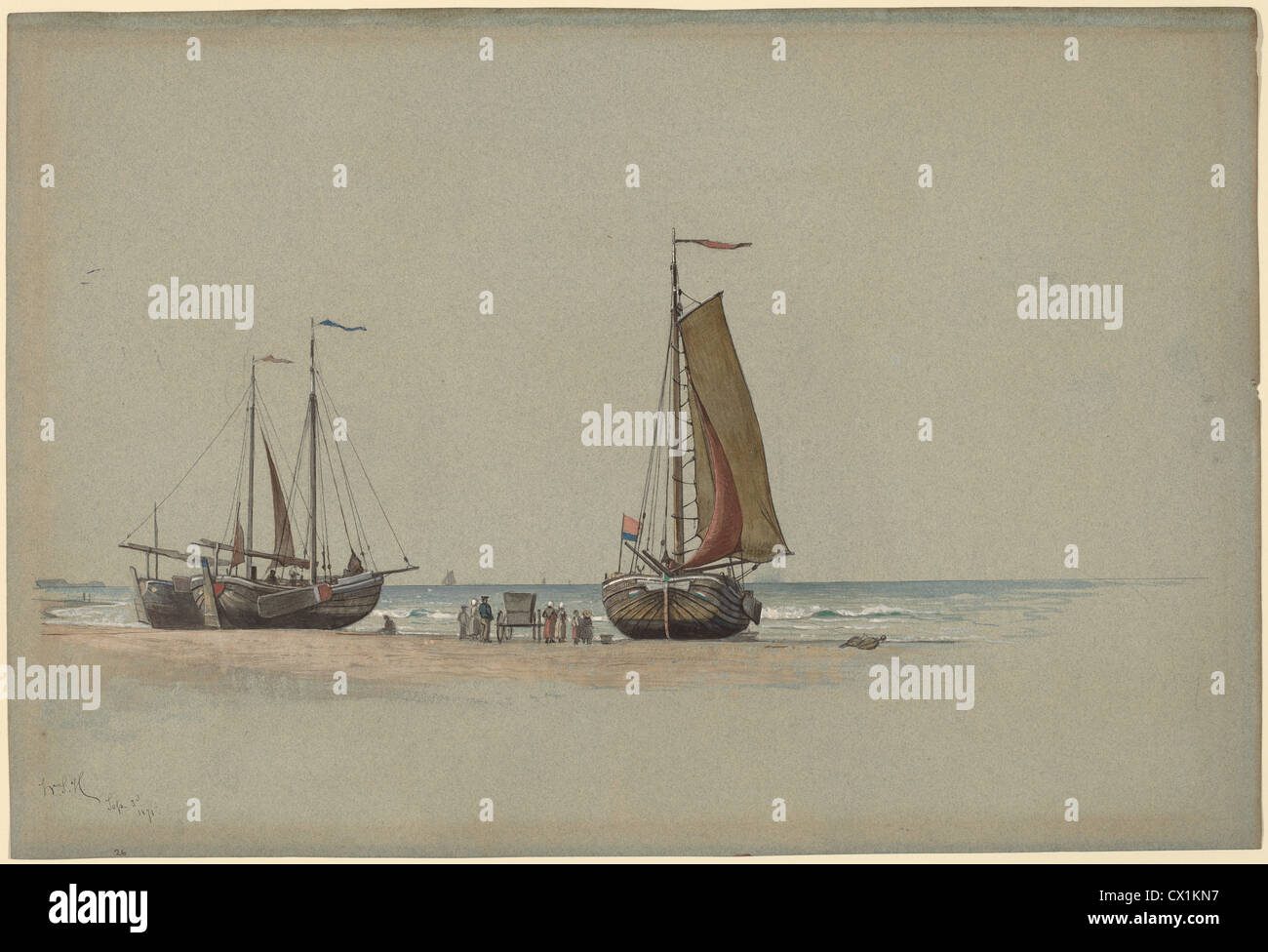 William Stanley Haseltine, Blankenberge Nr. 3, amerikanisch, 1835-1900, 1875, Stift und schwarze Tinte mit Gouache auf blauem Papier Stockfoto