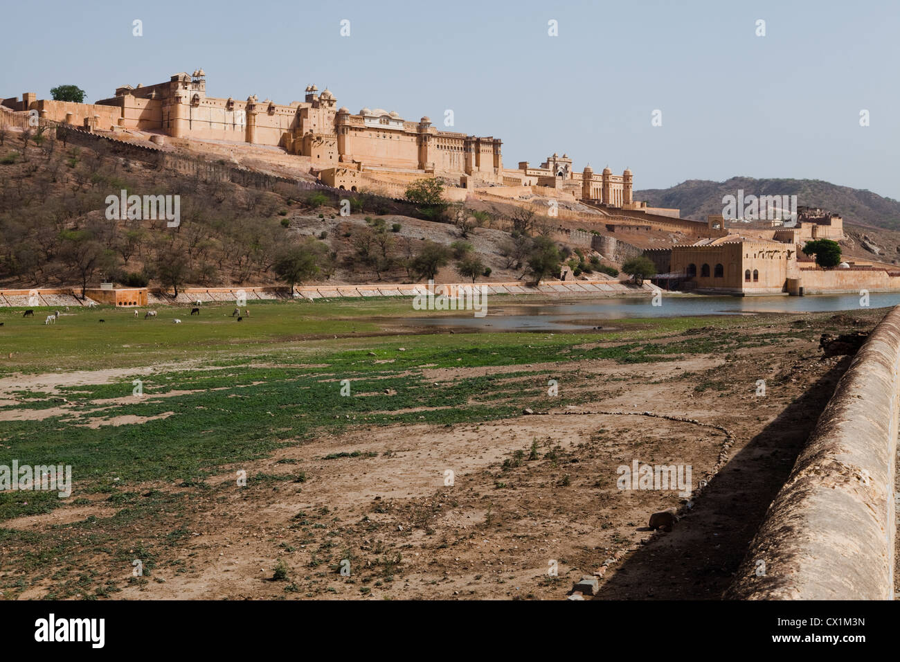 Ein Blick auf Amer Fort, gesehen vom Maota See in der trockenen Jahreszeit Stockfoto