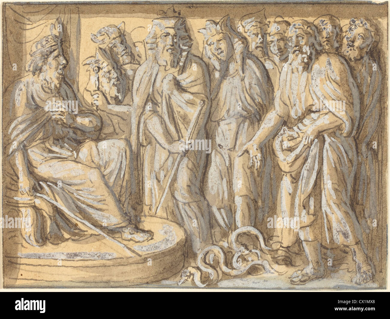 Luigi Ademollo (Italienisch, 1764-1849), Mose und Aaron vor Pharao mit den Stangen verwandelte sich in Schlangen, Feder und schwarzer Tinte Stockfoto