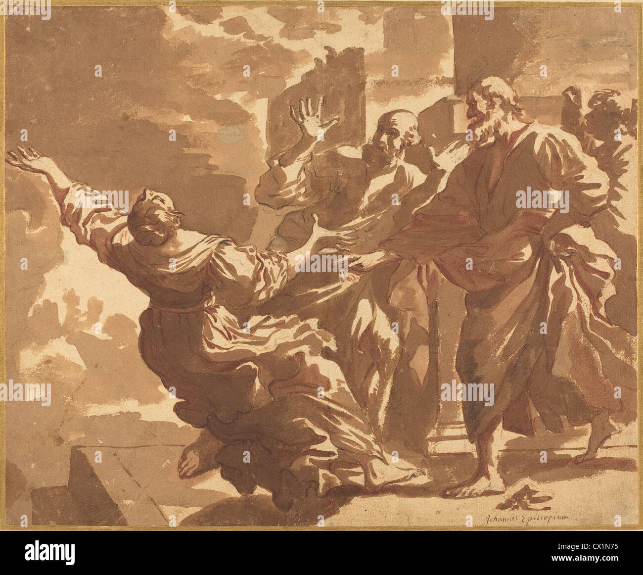 Jan de Bisschop (Niederländisch, 1628-1671), der Tod von Saphira, braun mit schwarzen und roten Kreide auf Bütten waschen Stockfoto