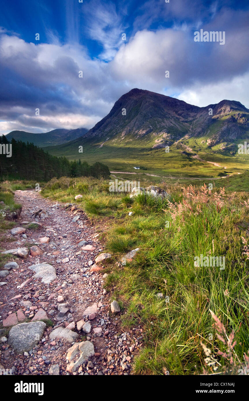 Sicht des Teufels Treppe in Richtung Buachaille Etive Mor, Glencoe, in den schottischen Highlands, Schottland, Großbritannien Stockfoto