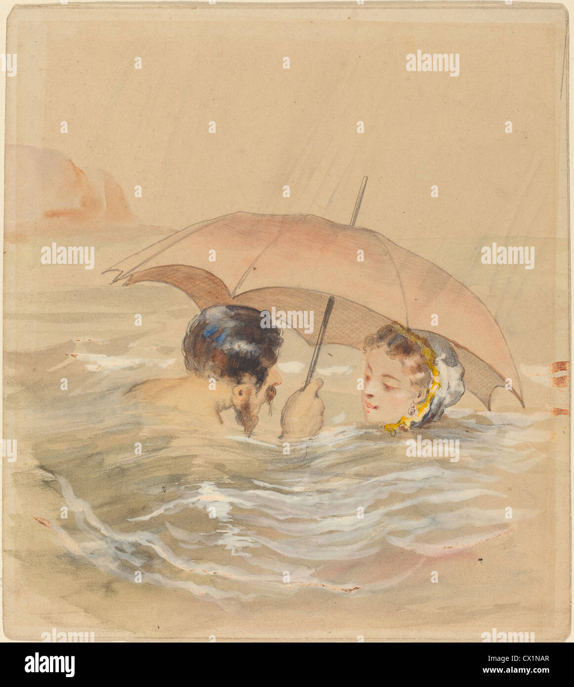 Alfred Grévin (Französisch, 1827-1892), männliche und weibliche Badegäste mit Regenschirm Stockfoto