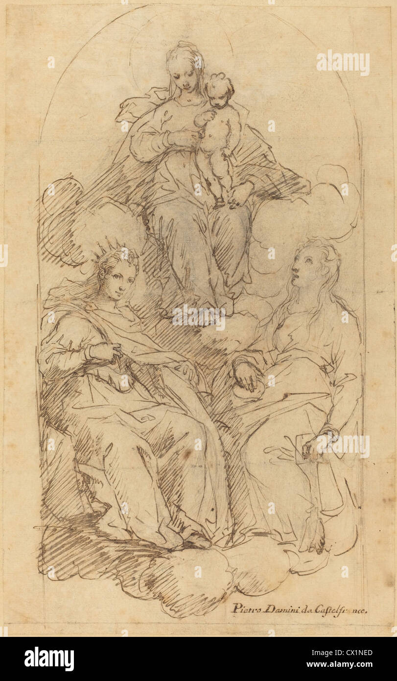 Pietro Damini (Italienisch, 1592-1631), die Jungfrau und das Kind von Saint Catherine und einen weiteren weiblichen Heiligen verehrt Stockfoto