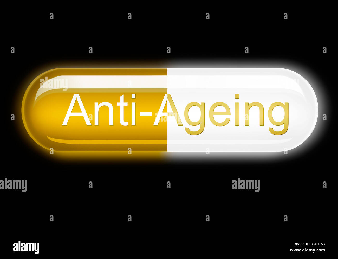 Abbildung eines glühenden Anti-Aging-Kapsel auf schwarzem Hintergrund. Konzept Bild Stockfoto
