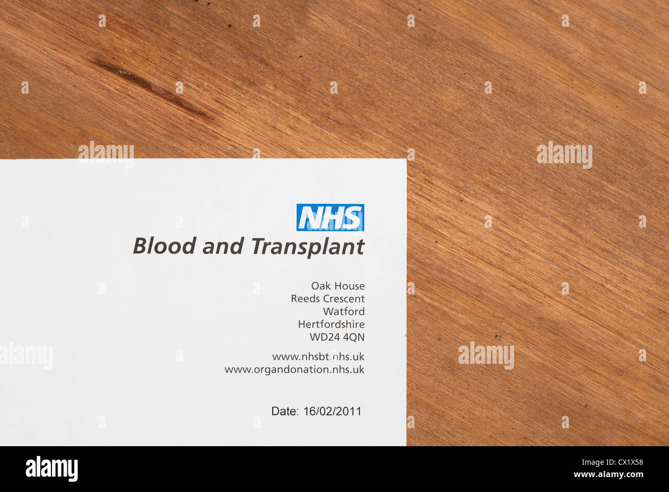 Begleitschreiben Organspenderausweis aus Blut und Transplantation, NHS, UK Stockfoto