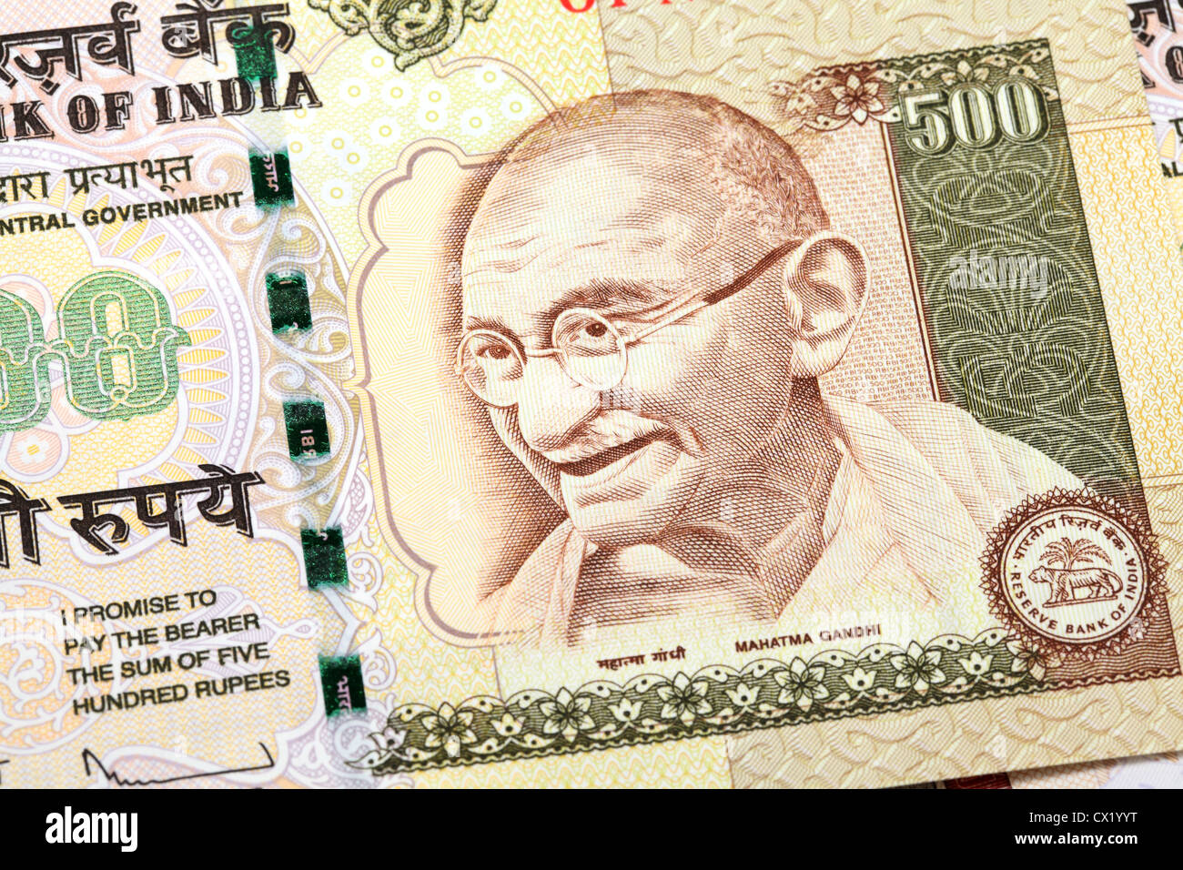 Gandhi auf indische fünfhundert Rupien-Banknote Stockfoto