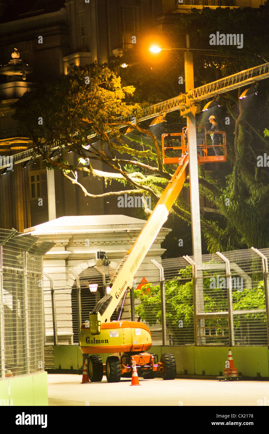 Zäune und Beleuchtungssystem ist eingerichtet in Singapur für den kommenden Formel 1 Nachtrennen. Stockfoto