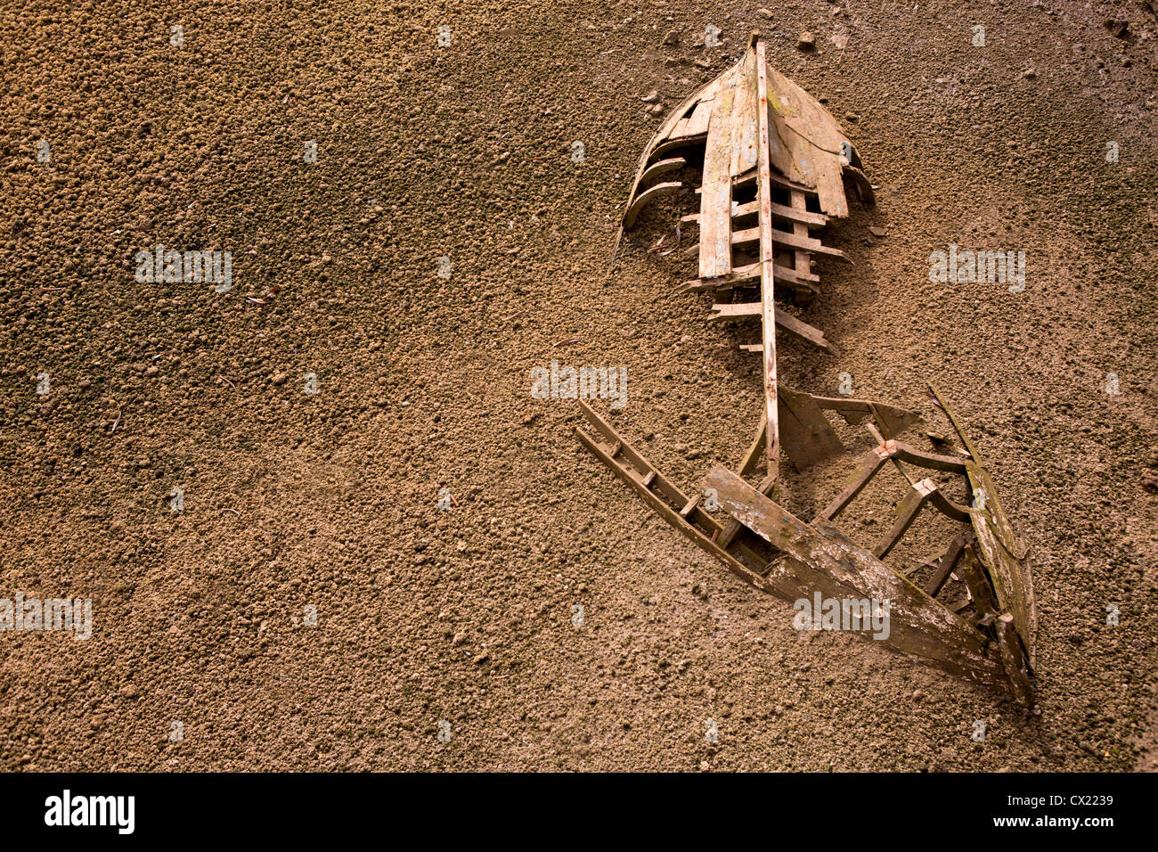 Boot Schiff Skelett Grunge, die Hälfte in braunem Sand begraben Stockfoto