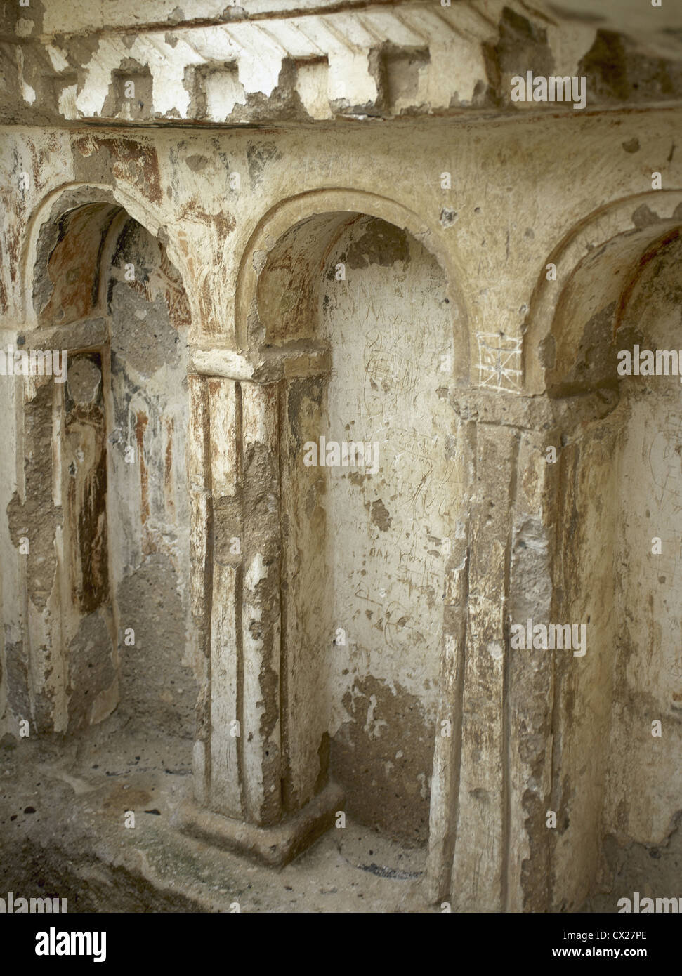 Byzantinische Kunst. Turkei. Cappadocia. Schwarze Kopf Kirche (Karabas Lilesesi). Felsen gehauene Kirche. Soganli Tal. Zentral-Anatolien. Stockfoto