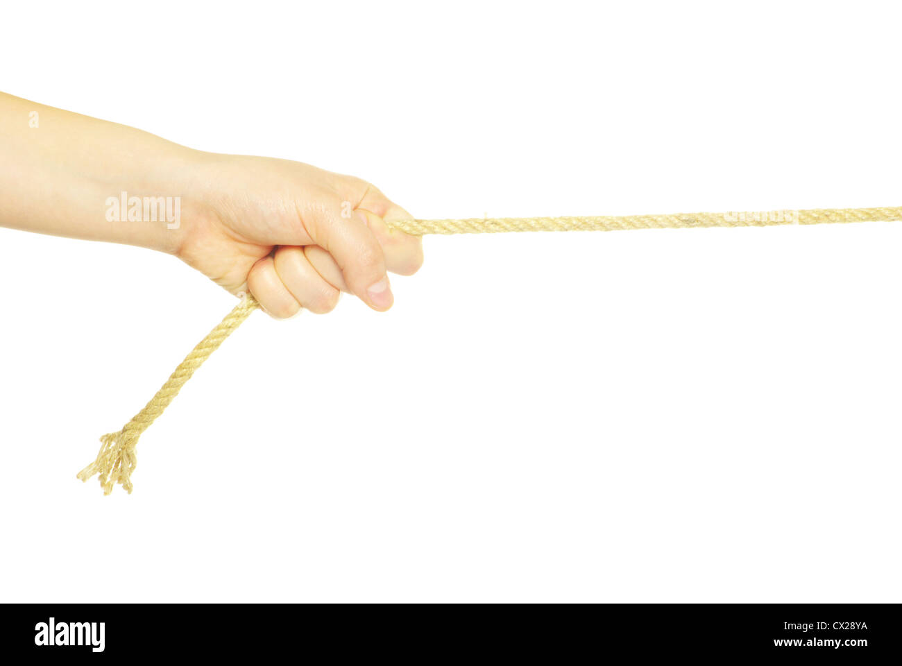 Hände und Seil isoliert auf weißem Hintergrund Stockfoto