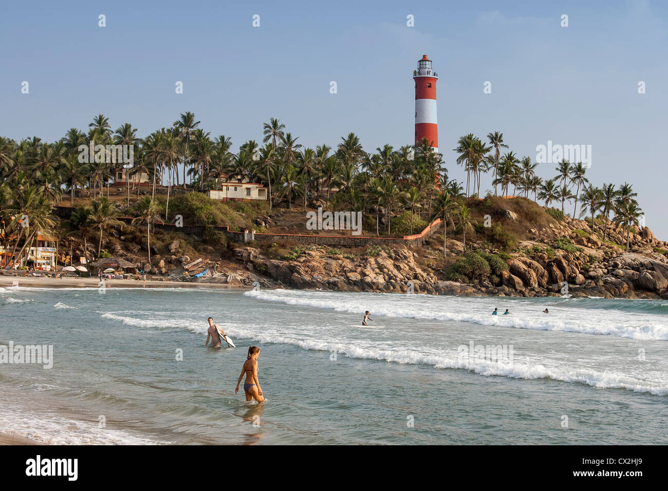 Mehrmals Strand, Leuchtturm, Indien Kerala Stockfoto