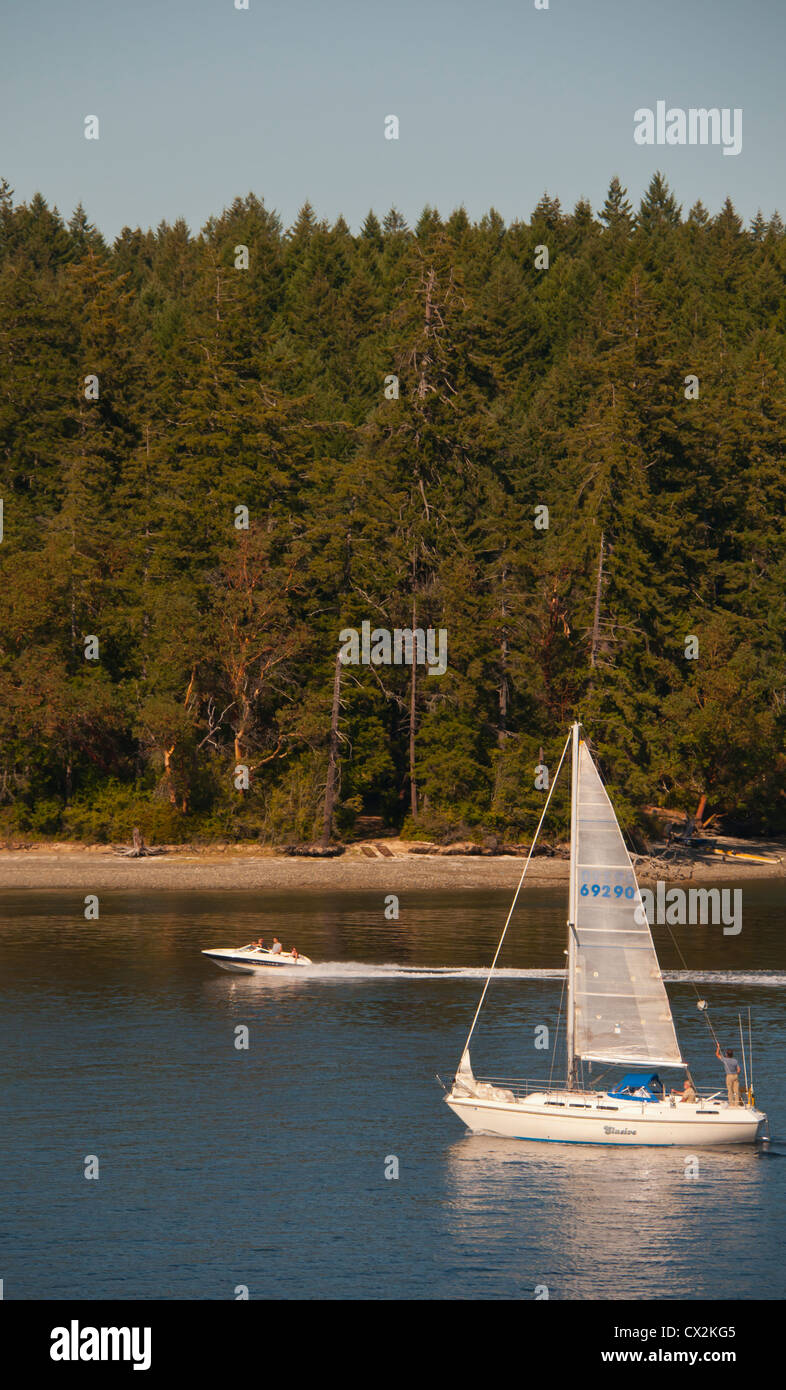 Puget Sound, malerischen Blick auf einem Segelboot und Power Boot in der Nähe der Küste von Hope Island (Marine) State Park in der Nähe von Olympia, Wa Stockfoto