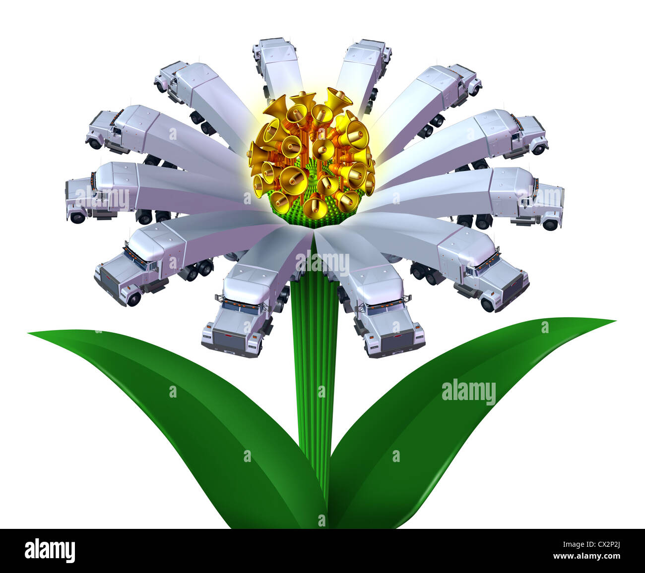 Rekrutierung Verkehrskonzept mit LKWs in die Form eines Blumen- und Megaphon Center Ankündigung Chancen im Transport mieten Symbol für die LKW-Industrie neue Treiber isoliert auf weiss. Stockfoto