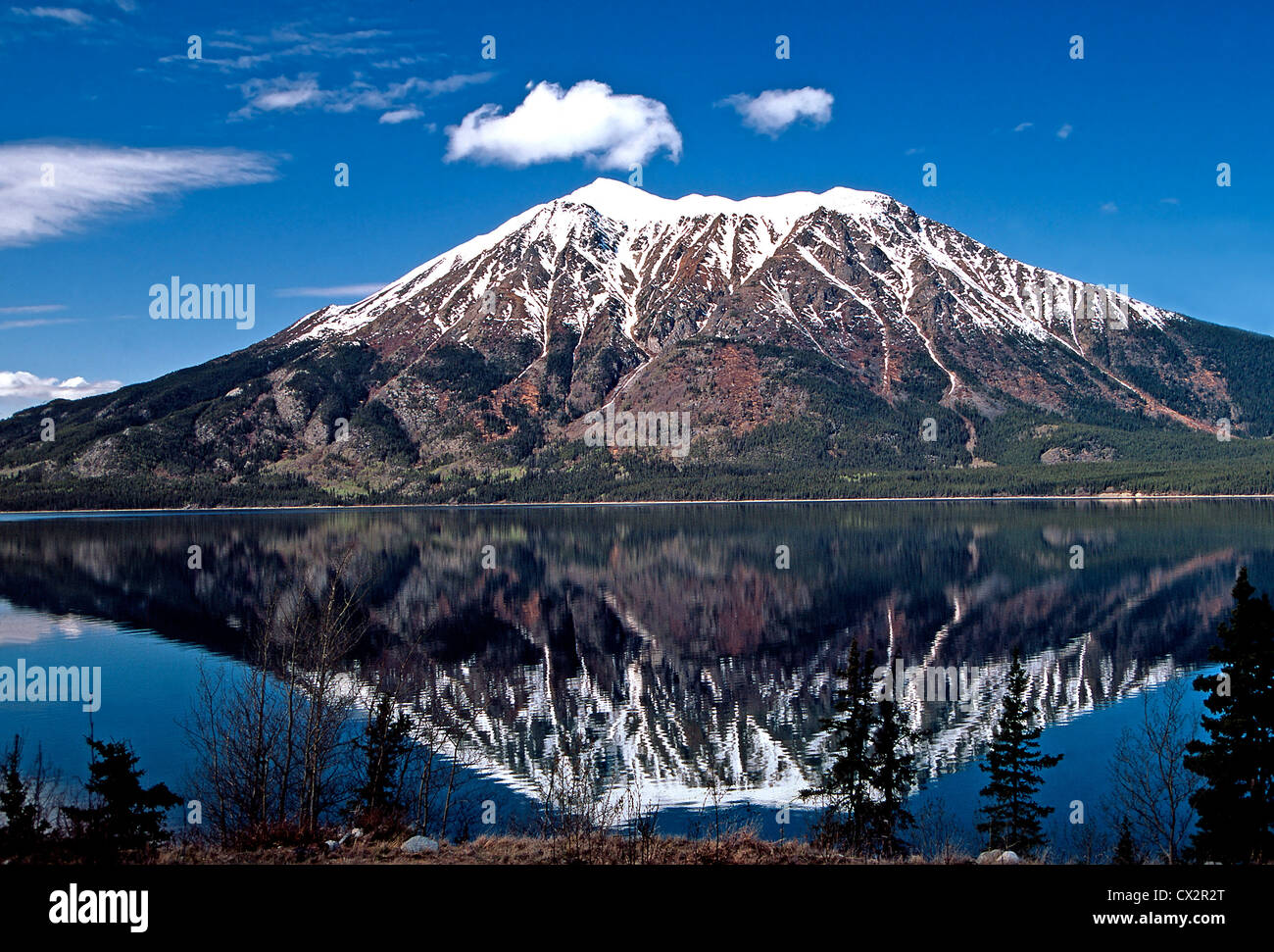 Perfekte Spiegelung des Mount Minto im Minto See, Atlin, Britisch-Kolumbien Stockfoto