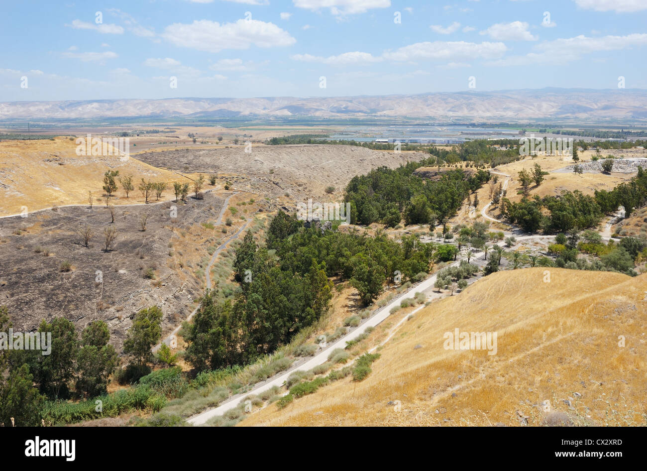 Blick auf das Jordantal von einem Hügel in der Nähe der antiken Stadt Beit Shean, im Norden Israels. Stockfoto