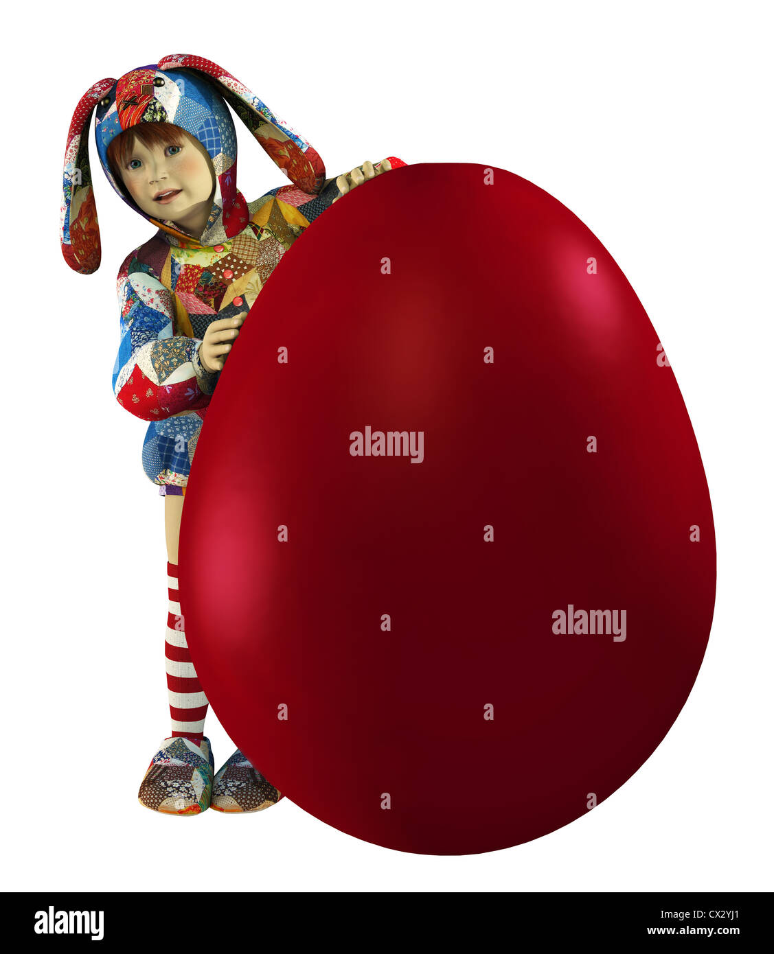 ein Kind in einem Bunny Kleid und ein großes Osterei Stockfoto