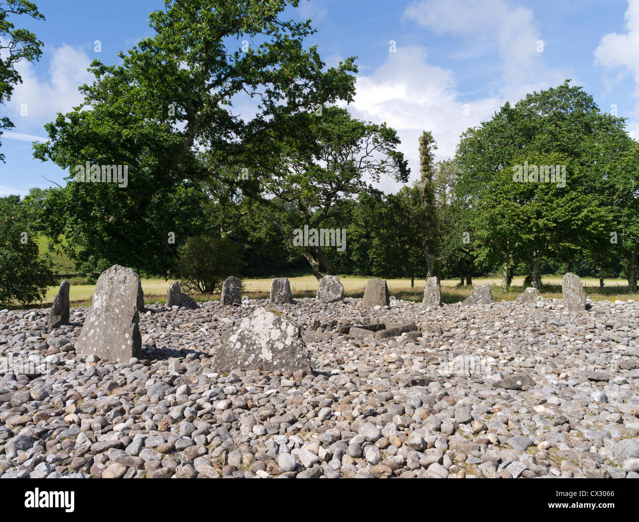 dh Temple Wood Stone Circles KILMARTIN Glen ARGYLL SCHOTTLAND Schottisch neolithische stehende Steine Begräbniszist Kreis alten großbritannien Wälder Stockfoto