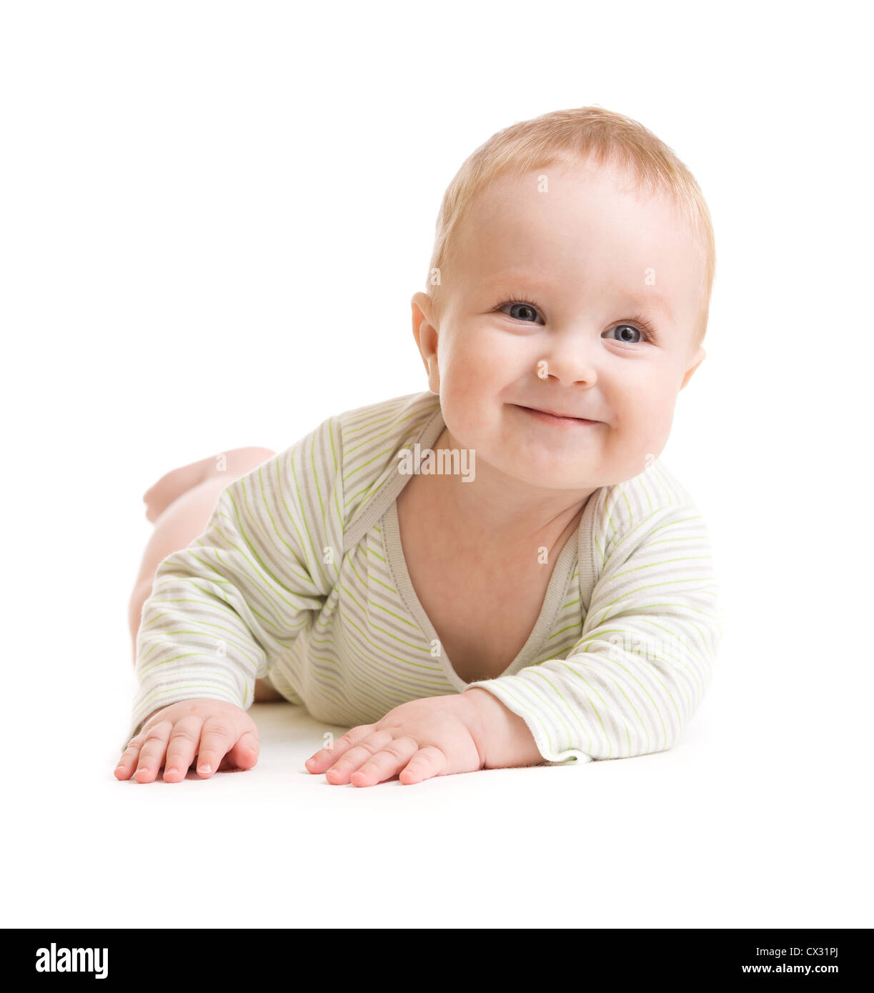 Baby Boy isoliert liegende lächelnd Stockfoto