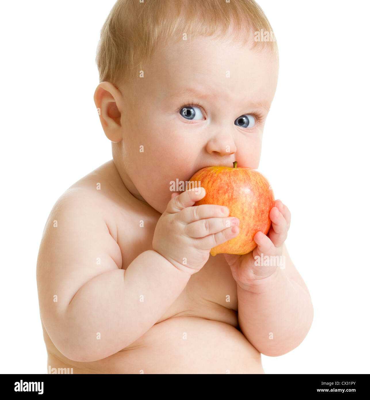 Baby junge gesunde Lebensmittel isoliert Stockfoto