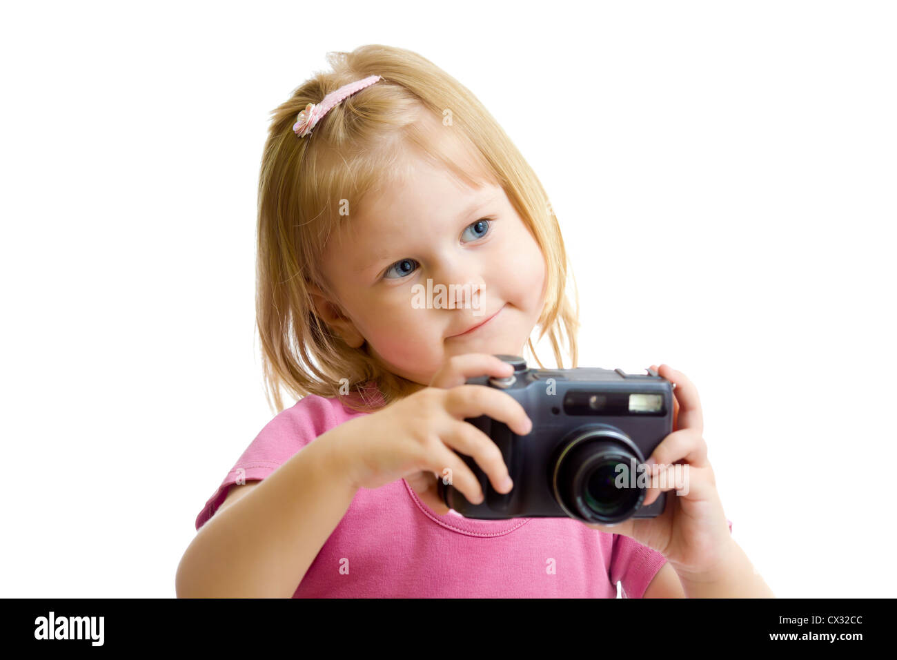 kleines Mädchen mit Digitalkamera isoliert Stockfoto