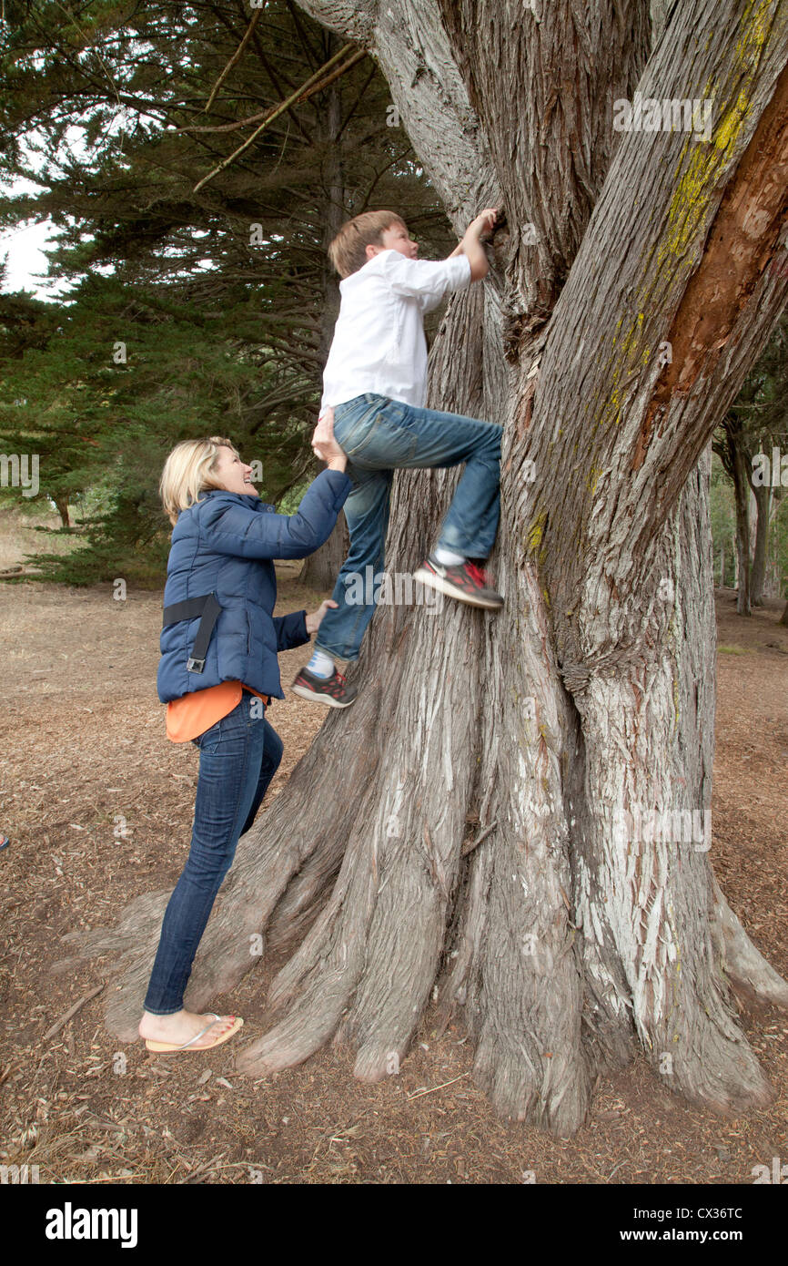 Mutter trägt dazu bei, dass ihr Sohn einen Baum zu klettern. Stockfoto