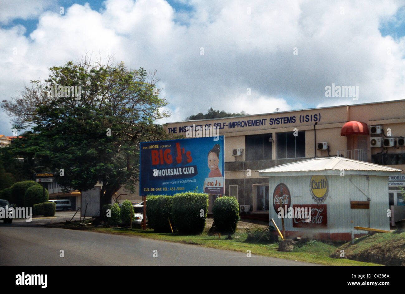 Castries, St. Lucia Billboard Werbung Big J Wholesale Club Stockfoto
