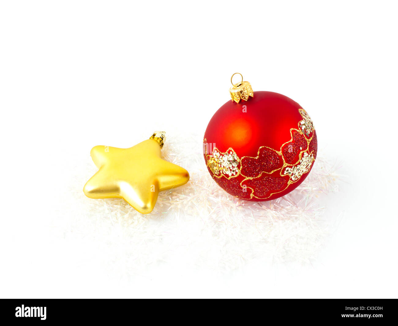 Weihnachten Baum Dekoration gold Sterne und rote Kugel isoliert Stockfoto