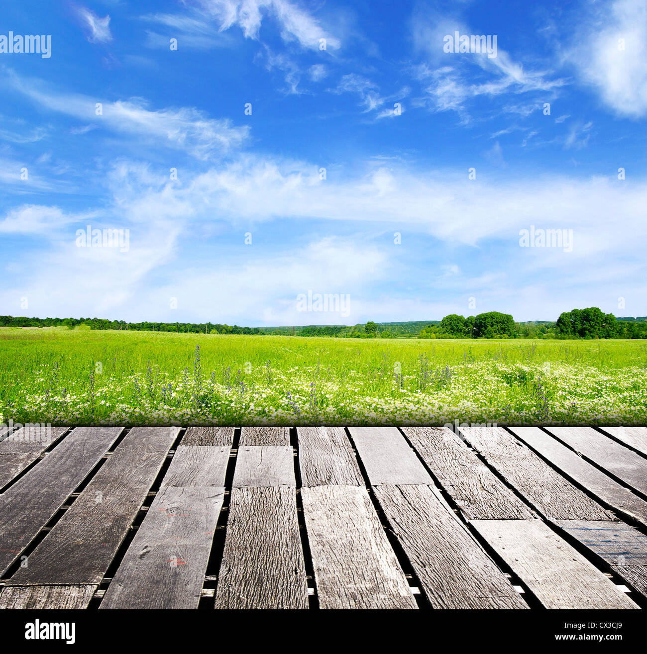 blauer Himmel und Holzboden Hintergrund Stockfoto