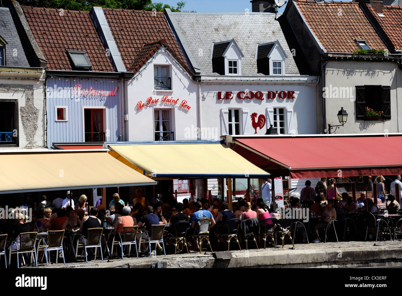 Restaurants-Quai Belu, Somme River, Amiens, Somme, Picardie, Frankreich Stockfoto